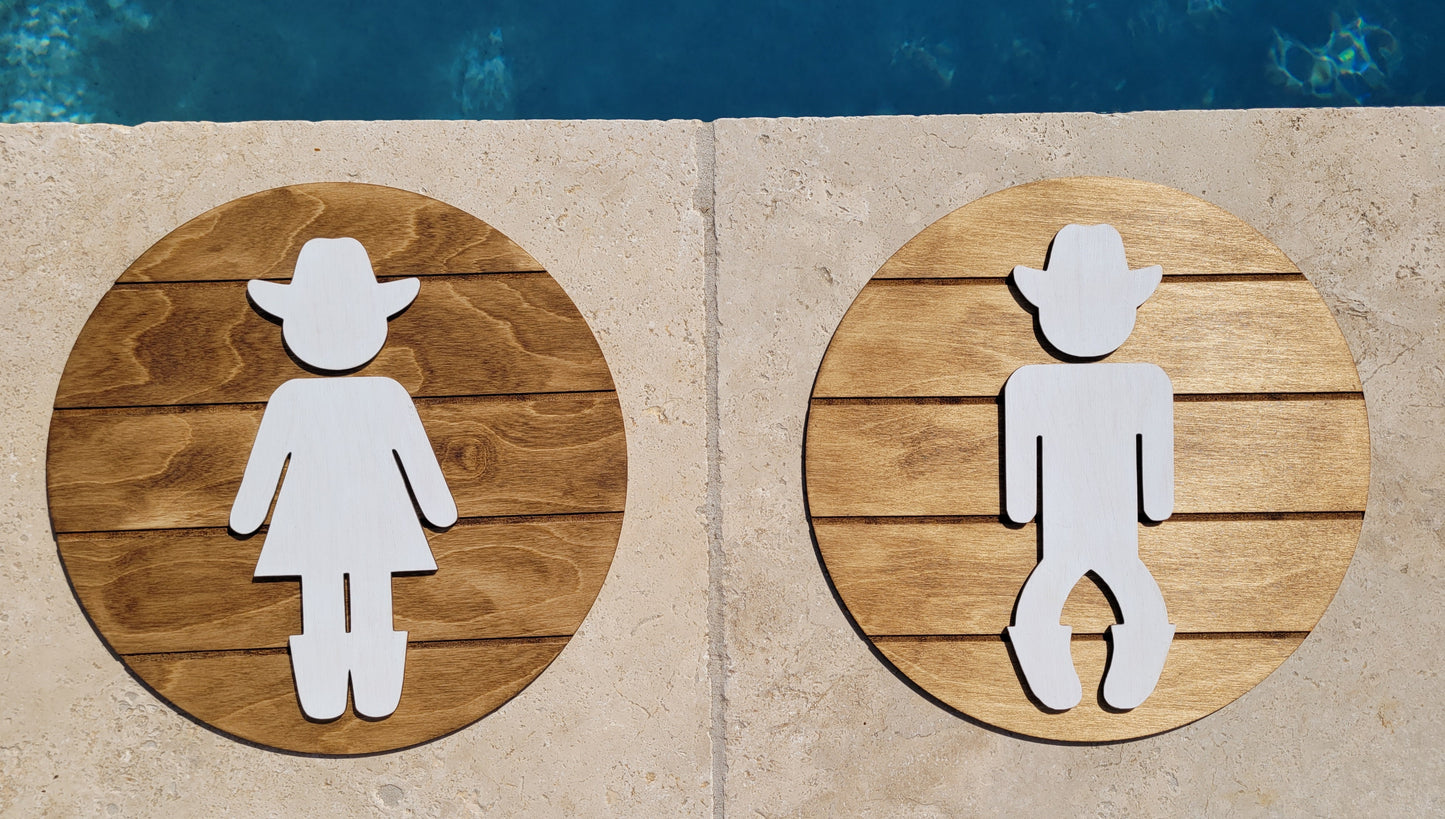 Wooden Bathroom Sign, Cowboy and Cowgirl
