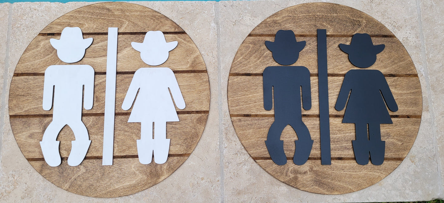Wooden Bathroom Sign, Cowboy and Cowgirl