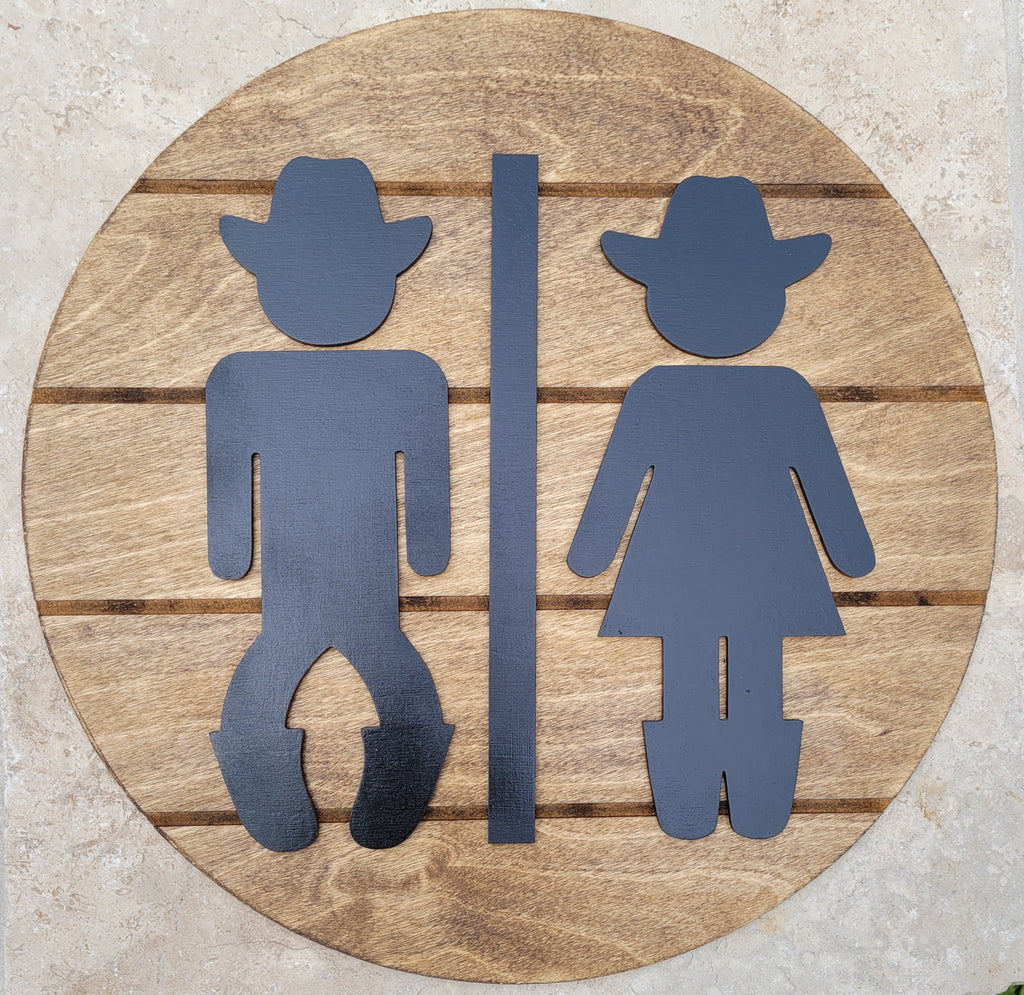 Wooden Bathroom Sign, Cowboy and Cowgirl