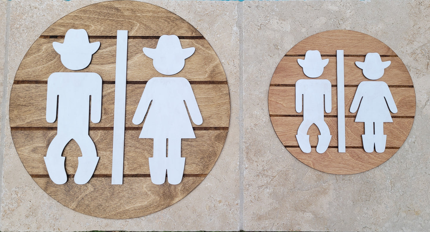 Wooden Bathroom Sign, Cowboy and Cowgirl