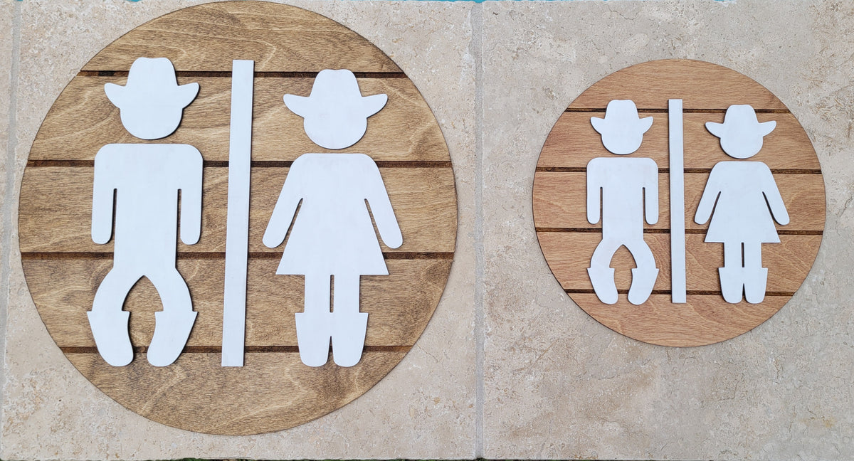 Wooden Bathroom Sign, Cowboy and Cowgirl