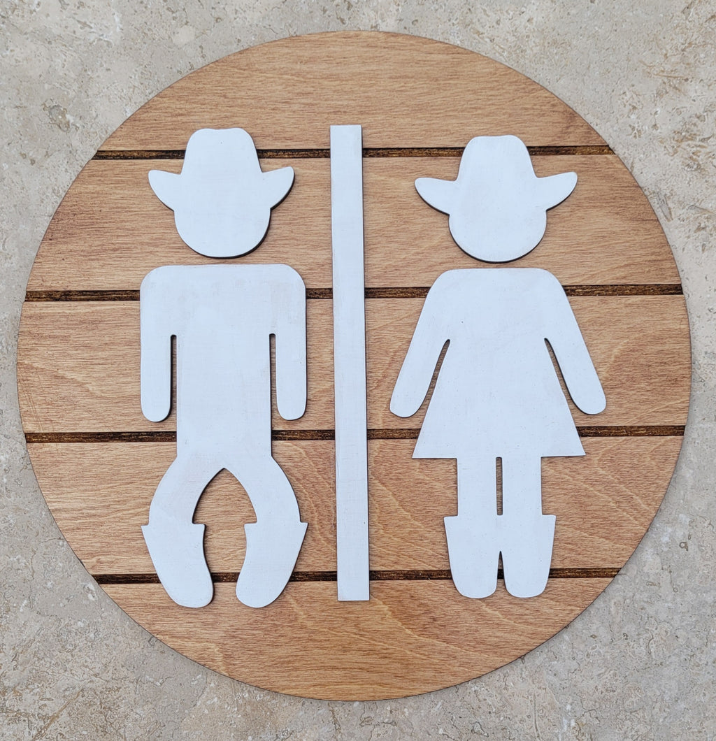 Wooden Bathroom Sign, Cowboy and Cowgirl
