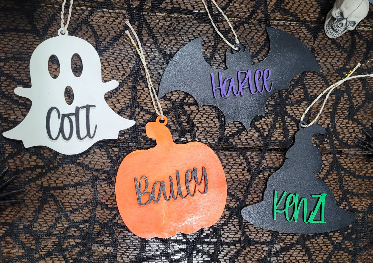 Personalized Wood Halloween Bag Tags / Ghost / Bat / Witch Hat / Pumpkin
