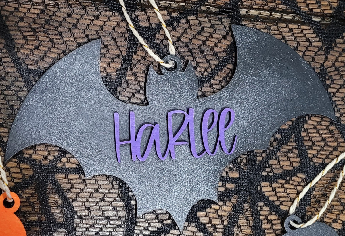 Personalized Wood Halloween Bag Tags / Ghost / Bat / Witch Hat / Pumpkin