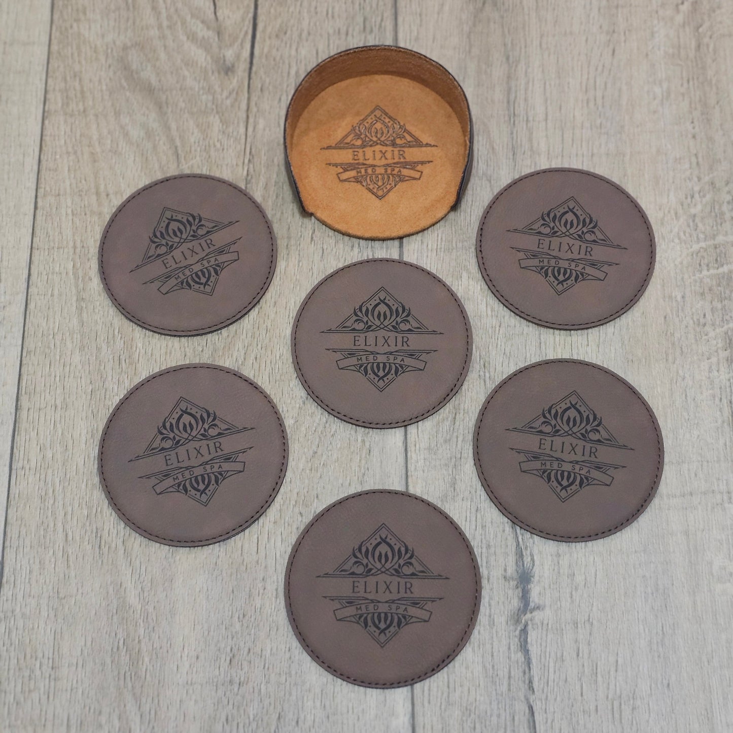 Monogram Brown Leatherette Coasters / Leather Coasters