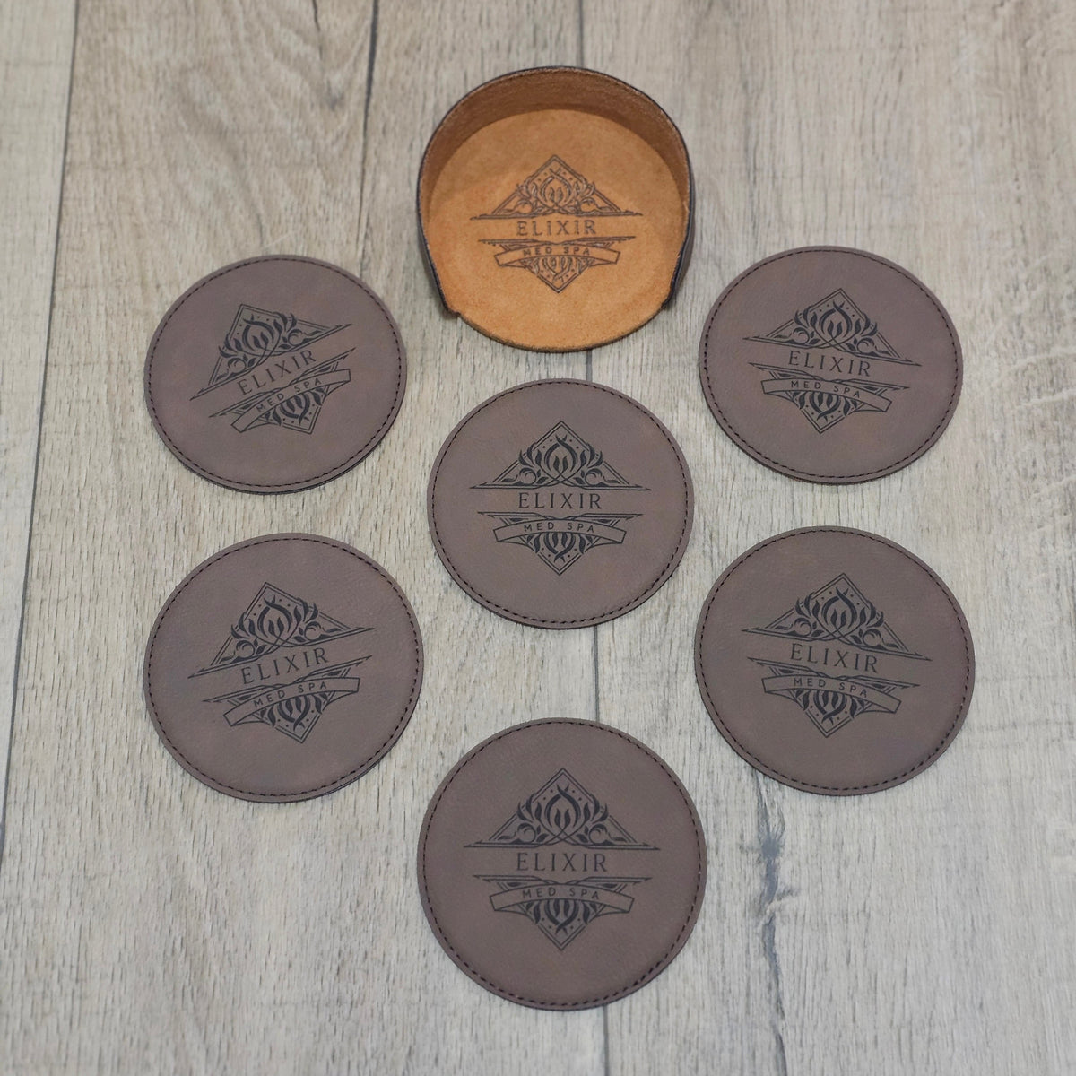 Monogram Brown Leatherette Coasters / Leather Coasters