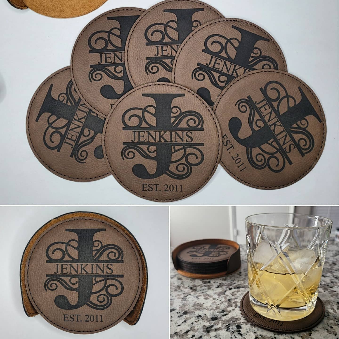 Monogram Brown Leatherette Coasters / Leather Coasters