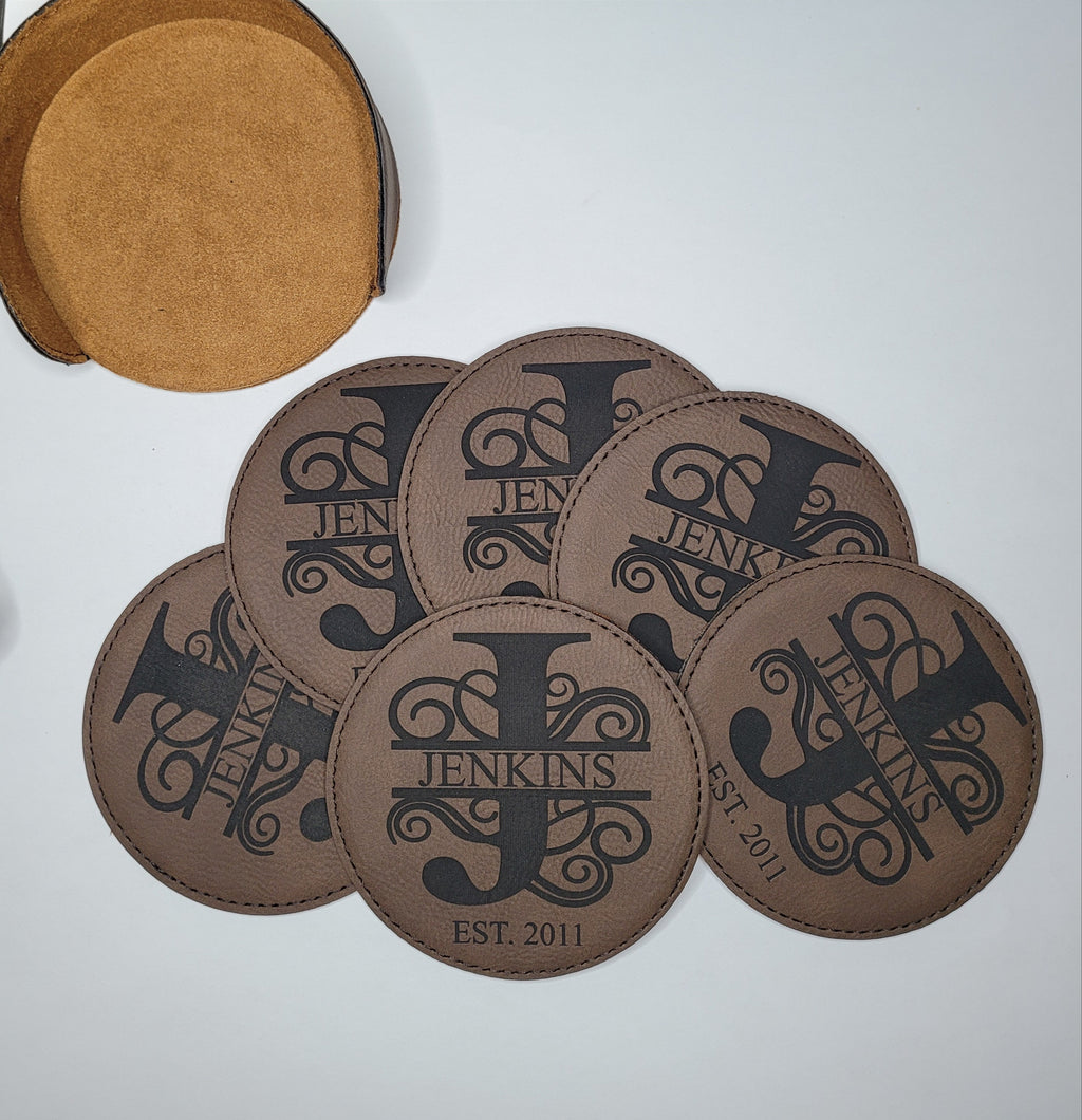 Monogram Brown Leatherette Coasters / Leather Coasters