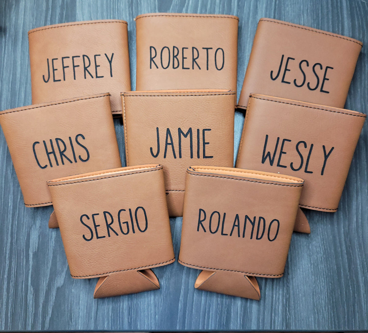 Personalized Brown Leather Koozies