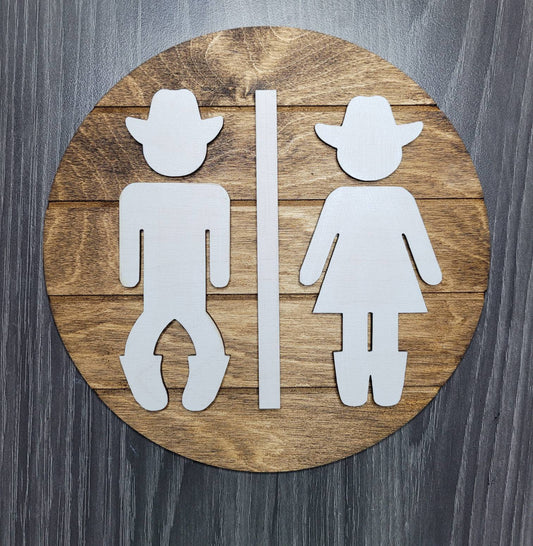 Wooden Bathroom Sign, Cowboy and Cowgirl